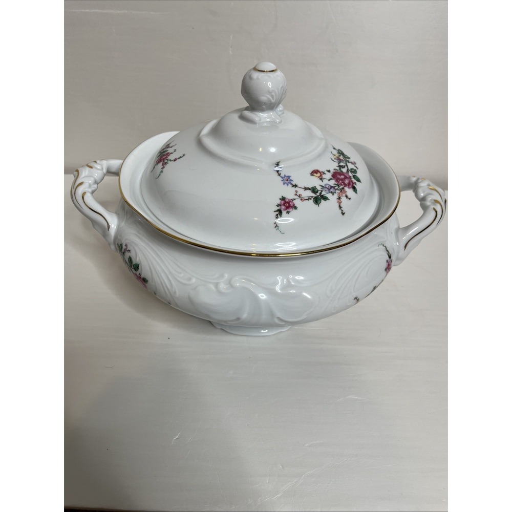 Vintage Wawel White Soup Tureen With Gold Trim And Pink Flowers Poland